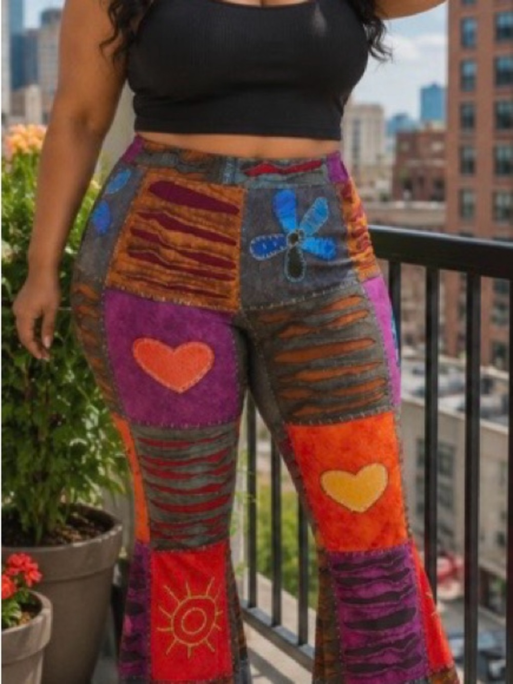 Colorblock Patchwork Flare Pants with Heart & Floral Appliqué - Black - Picture 4 of 8